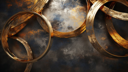 golden rings on a dark background with lighting, showcasing distressed materials. this captivating photo, rendered using octane render, features a whistlerian style with textured pigment planes. it stands out as a contest winner, displaying layered imagery and thought-provoking political commentary. ai generatedの素材