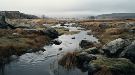 the rocky mountains stand tall and majestic, overlooking a tranquil running stream. captured in the soft atmospheric perspective style, this photograph embodies the essence of serene pastoral scenes. the installation showcases the beauty of nature, reminiscent of the danish golden age. with the use of the zeiss milvus 25mm f/1.4 ze lens, the mottled and atmospheric shots transport viewers to this breathtaking landscape. ai generatedの素材