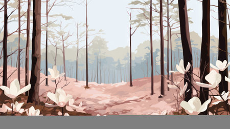 drawing of trees in spring illustration, featuring a magnolia woodland. the artwork showcases a naturalistic landscape with light maroon and light brown hues. the background depicts crystalline and geological forms, with a touch of light gray and sky-blue colors. the overall atmosphere of the woodland imagery is hazy, creating a captivating and atmospheric scene. ai generatedの素材