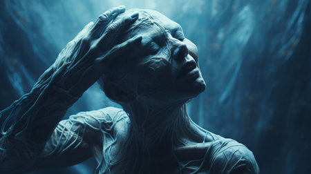 the photo features a blue old creature in shock, with hands on top of its head. the image is accompanied by white text and is created in the hyper-realistic sci-fi style. it is a composition by alessio albi, using bryce 3d software with minimal retouching. the photo has a grainy texture and showcases bold and dynamic lines, giving it a tenebrous atmosphere. andrew ferez's artisticの素材