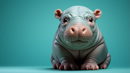 a small cartoon hippo stands in front of a vibrant blue background, showcasing intricate details in the style of zbrush. this eye-catching and charming character embodies a futuristic organic aesthetic, reminiscent of national geographic photos. discover this adorable babycore creation on flickr. ai generatedの素材