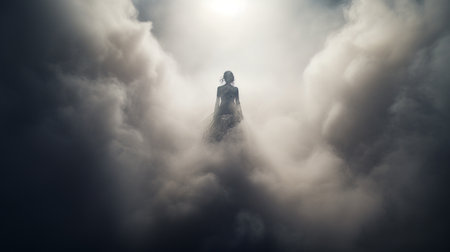 a woman in a silhouette rises against the clouds, creating an ethereal and otherworldly atmosphere. this futuristic victorian-inspired artwork, rendered in cinema4d, showcases moody tonalism. captured with a canon eos 5d mark iv, this faith-inspired art piece is beautifully crafted, appearing as if made of mist. ai generatedの素材