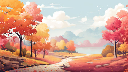 autumn landscape featuring vibrant autumn leaves and trees, reminiscent of graphic novel illustrations. the romantic riverscape is captured in stunning 8k resolution, showcasing a harmonious blend of light orange and magenta hues. this breathtaking scene showcases the beauty of lively coastal landscapes, with a touch of light yellow and sky-blue tones. ai generatedの素材