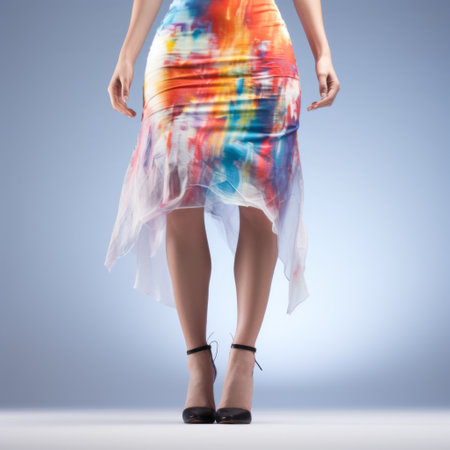 a woman is seen wearing a vibrant blue and yellow skirt, showcasing a rainbow of colors. the skirt is designed in the style of daz3d, with a unique liquid emulsion printing technique. the image is captured in high detail, displaying shades of light crimson and white. airbrushing adds a touch of light white and orange to the overall composition. this uhd image is visually captivating.の素材