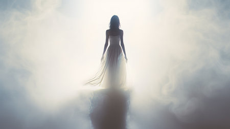 a woman in a gown stands in a fog, showcasing a realistic depiction of light. the image captures trapped emotions with its soft color blending and flowing silhouettes. the dramatic skies and mystical realms add to the overall ambiance. ai generatedの素材