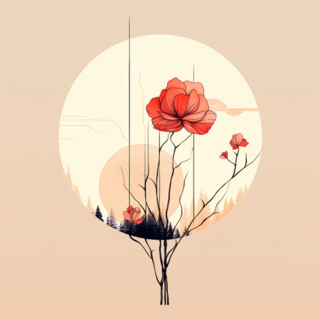 two red flowers in the night, depicted in a minimalistic landscape style. the illustration features light orange and beige tones, creating a forestpunk aesthetic. with its romantic undertones, the artwork showcases intricate layers and lines, inspired by nature. this nature-inspired installation is a captivating and unique illustration. ai generatedの素材