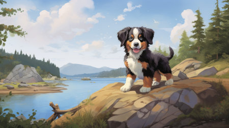 a dog rests on a rocky surface by a serene lake, depicted in a vibrant digital painting style. the playful character design of the dog adds charm to the scene, while elements of ps1 graphics and american scene painting evoke a nostalgic feel. the whistlerian influence and mural-like quality enhance the visual impact, creating a captivating artwork with a touch of rtx technology. ai generatedの素材