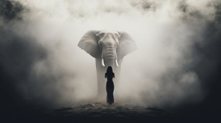 a dreamer woman stands beside an elephant amidst swirling mists, captured in a realistic portrayal of light and shadow. this 8k resolution photograph showcases a dark white and teal color palette, adding a dark and gritty touch to the subject matter. the image is a faith-inspired work of art. ai generatedの素材