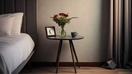 an art project featuring flowers and frames is displayed on a side table in a bedroom. the project is inspired by the modernist influence and showcases a distinctive character design. the dark gray and dark brown colors of the project, along with its rounded and contrasting textures, add an elegant simplicity to the overall composition. ai generatedの素材