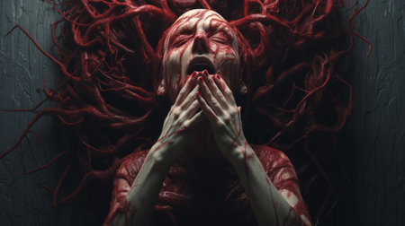 the photo features a maroon old creature in shock, with hands on top of its head. the image is in the style of hyper-realistic sci-fi, created by alessio albi using bryce 3d. the photo has minimal retouching, giving it a grainy and tenebrous appearance. the bold and dynamic lines add to the overall impact of the image. created by andrew ferez. ai generatedの素材