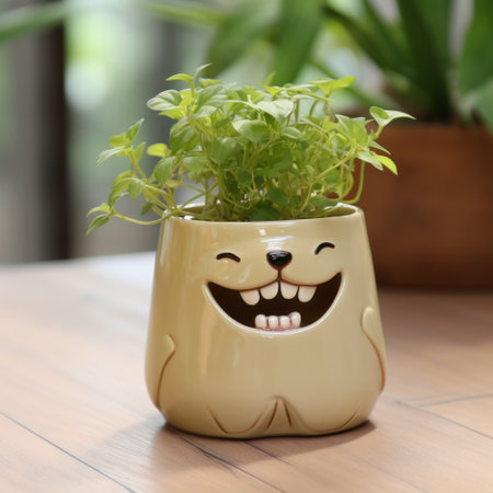 a cute dog-shaped plant pot, with lively facial expressions, sits on a wooden floor. the pot is light yellow and light emerald, with luminous shadowing and bold manga lines. the photo, taken with a nikon d750, showcases the functionality emphasis of the pot. the color palette includes light beige and brown. ai generatedの素材
