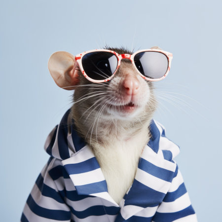 a rat wearing sunglasses and a colorful striped jacket stands against a blue background. the rat's outfit includes a white shirt and a blue sweater, showcasing detailed attention to costume and fashion. the image is captured with softbox lighting, giving it a smooth and polished look. this photo exudes a mono-ha aesthetic and features the use of ferrania p30 film. it also carries a nauticalの素材