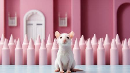 a white mouse sits in front of small pink tubes, creating a visually striking image reminiscent of matte painting. the use of vray and caninecore techniques adds depth and texture to the scene. this artwork incorporates elements of celebrity and pop culture references, while the hyper-realistic oil style pays homage to the heidelberg school. the monochromatic color scheme enhances the overall aesthetic. ai generatedの素材