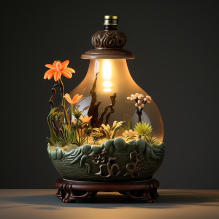 chibi 3d render featuring a vibrant jar of succulents, trees, and rocks, placed on a light fixture. this unique artwork draws inspiration from the yuan dynasty style, known for its meticulous photorealistic still lifes, luminous seascapes, and intricate miniature dioramas. the composition showcases delicate flower and garden paintings, with a color palette dominated by dark brown and yellow hues reminiscent of porcelain. ai generatedの素材