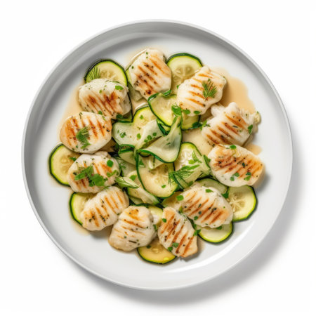 dumplings dish with roasted monkfish steak and zucchini, arranged in a top view on a white background. ai generatedの素材