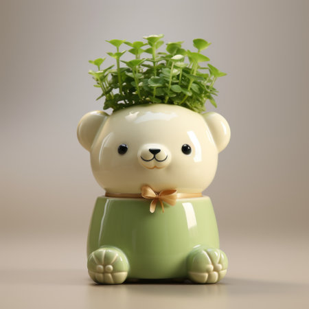 a brown bear with a strong facial expression stands in a minimalist ceramic basket adorned with a fern. this charming anime-inspired image showcases a mischievous feline motif, with a light green and silver color palette. the uhd quality of the photo captures every detail, making it a captivating visual on flickr. ai generatedの素材
