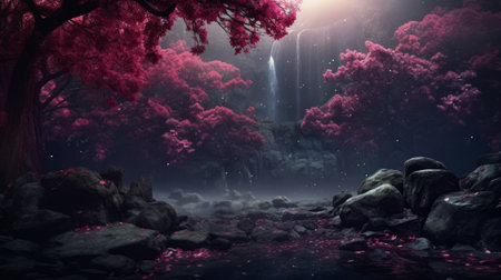 a mesmerizing japanese-inspired photograph capturing a dreamy scene in shades of purple, dark pink, and gray. the enchanting image showcases a serene waterfall surrounded by intricately detailed trees, bathed in a mystical atmosphere. with its fantasy settings and highly detailed foliage, this captivating photograph evokes a sense of tranquility and japanese inspiration. ai generatedの素材