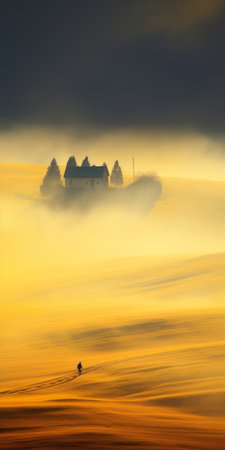 a surreal cinematic minimalistic shot in the style of marcin sobas, featuring a lone figure standing amidst a vast, desolate landscape. the image captures a sense of solitude and introspection, with the subject surrounded by a dreamlike atmosphere. the composition showcases sobas' signature use of negative space and muted tones, evoking a hauntingly beautiful aesthetic. ai generatedの素材