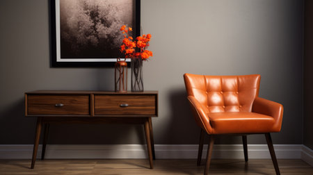 a modern orange chair is positioned next to a gray table and a captivating painting, creating a vintage cinematic look. the chair features a leatherhide upholstery in dark orange and brown tones, complementing the overall aesthetic. the scene showcases a mid-century modern design with the use of wood elements. rendered using octane render, the image exudes a timeless charm. ai generatedの素材
