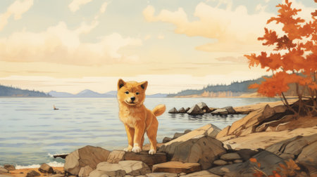 a dog stands on rocks by the shore, showcasing anime art style with light amber tones. the japanese-inspired imagery captures a panoramic scale, while the realist detail reflects the influence of the northwest school. the scene resembles enchanting storybook illustrations. ai generatedの素材