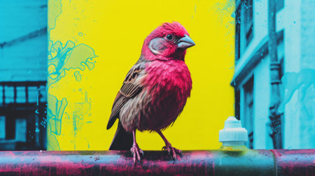 a canary perched near waste water, captured in a photograph with a unique risograph ra 8100 texture. the vibrant colors and intricate details of the canary and the textured background create a visually captivating image. canary, waste water, risograph ra 8100 texture, photograph, vibrant colors, intricate details, textured background. ai generatedの素材
