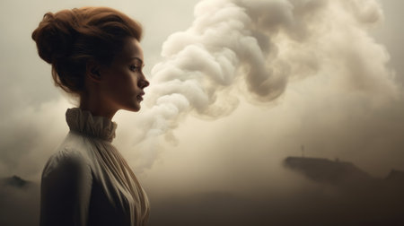 a woman smoking, surrounded by a futuristic victorian landscape, emits a captivating stream of smoke. this uhd image showcases the artist's focus on atmospheric effects and emotionally charged portraits, reminiscent of the hudson river school. the photo-realistic techniques used bring this captivating scene to life. ai generatedの素材