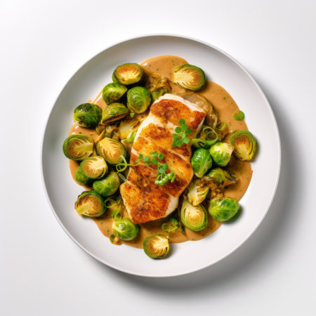 curry dish featuring roasted sole steak and brussels sprouts, presented in a top view on a clean white background. ai generatedの素材