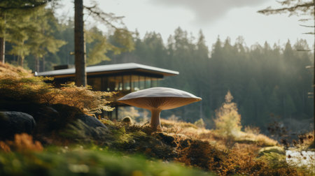 sleek hillside house design by olson kundig captured in a modern architecture photograph. the image features a close-up of a blurred mushroom in the foreground, shot in 8k from a cinematic perspective. professional color grading enhances the composition, while epic volumetric lighting adds to the atmosphere. the sharp focus, film grain, and sony alpha a7 iii camera with a sony fe 24-105mm f/4 g ossの素材