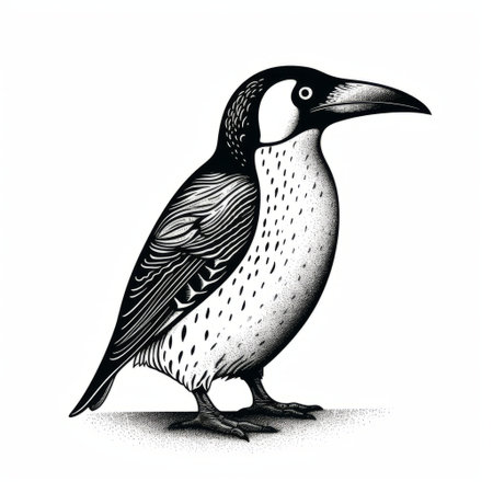 a blue penguin pencil drawing showcasing the beauty of new zealand penguins. this artwork is created in a graphic design-inspired style, featuring stenciled iconography and intricate black and white illustrations. the drawing accurately represents the bird specimens and is digitally enhanced, using techniques like rendering in maya and utilizing a leica m10 camera. ai generatedの素材