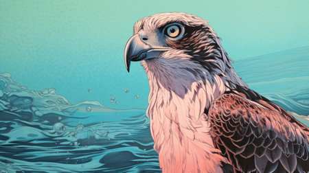 osprey standing near ice water, captured in a photograph with a unique risograph ra 8800 texture. this stunning image showcases the majestic bird in its natural habitat, surrounded by the serene beauty of icy waters. the risograph ra 8800 texture adds a distinct artistic touch, enhancing the visual appeal of this captivating wildlife moment. ai generatedの素材