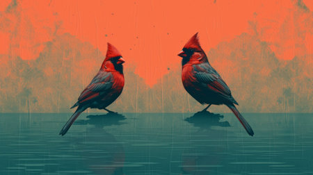 a cardinal perches gracefully beside a serene pool of warm water, its vibrant red feathers contrasting beautifully against the tranquil blue backdrop. the image is enhanced with the unique texture of a risograph ra 8400, adding depth and character to the scene. ai generatedの素材