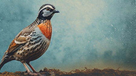 a quail stands gracefully beside a pool of rainwater, its feathers glistening under the soft sunlight. the image showcases the unique texture of a risograph ra 6700, adding depth and character to the overall composition. ai generatedの素材