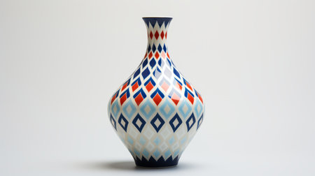 a round vase with colored diamonds and blue and white porcelain on a clean white background. ai generatedの素材