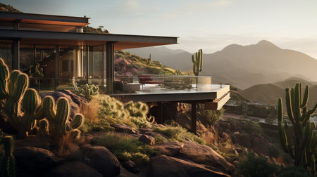 sleek hillside house design by olson kundig captured in a close-up shot, featuring a blurred cactus in the foreground. this parametric architecture photography showcases the stunning details of the house, with professional color grading and epic volumetric lighting. shot with a sony alpha a7 iii camera and a sony fe 24-105mm f/4 g oss lens, the image is in uhd and 8k resolution, offering sharpの素材