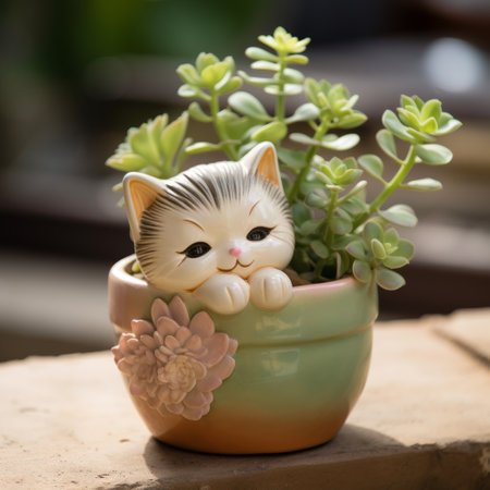 a miniature figurine of a kitten is placed inside a green pot on a wooden surface. the figurine is designed in a style that combines light pink and light gray colors, with playful expressions. the photo is captured using a panasonic lumix s pro 50mm f/1.4 lens by gu hongzhong. the overall aesthetic of the image is a mix of light white and dark brownの素材