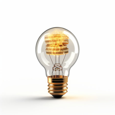 a realistic, detailed rendering of a light bulb with a golden element symbolizing fire and life. the light bulb features vray tracing, a white background, spirals, and a transparent-translucent medium. it is made from recycled materials and has a combination of light yellow and dark white colors. ai generatedの素材