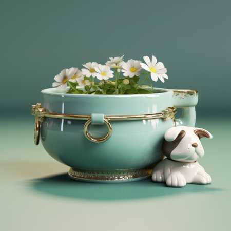 a dog, captured in a vray tracing style, is seen hanging from a teacup. the vibrant colors of green and aquamarine dominate the scene, as the dog is intricately crafted using flowers. this unique artwork showcases the fusion of zbrush techniques. the teacup itself is adorned in white and gold, adding an elegant touch. the photograph was taken using a canon af35m camera, highlighting differentの素材