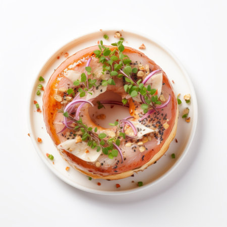 donut dish with roasted swordfish steak and garlic arranged in a top view on a white background. ai generatedの素材
