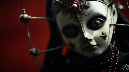 a close-up photo of a satanism doll, showcasing intricate details and craftsmanship. the doll features dark and occult symbols, evoking a sense of mystery and intrigue. this eerie collectible is a must-have for enthusiasts of satanic art, gothic aesthetics, and alternative subcultures. ai generatedの素材