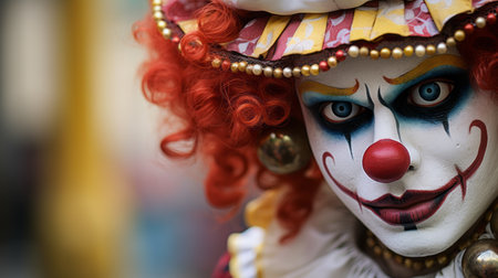 a close-up photo of a clown doll, showcasing its intricate details and vibrant colors. this captivating image captures the essence of the clown doll, with its exaggerated features and playful expression. perfect for anyone fascinated by clowns, dolls, or unique collectibles. ai generatedの素材