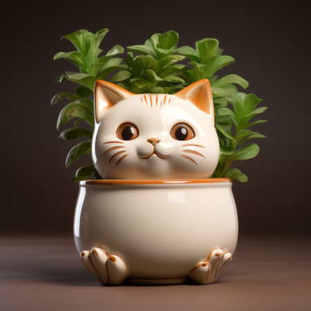 an adorable cat-shaped planter, captured in high-definition using vray tracing technology. this caricature-like illustration showcases the intricate details of the pot and the cute cat design. the image is taken with a fujifilm natura 1600 camera, resulting in realistic still lifes with dramatic lighting. the artwork also incorporates elements of tachisme and places emphasis on character design. ai generatedの素材