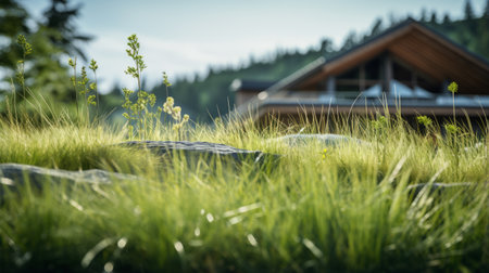 sleek hillside house design by olson kundig captured in a minimalist architecture photograph. the image features a close-up of a blurred weed in the foreground, adding depth to the composition. shot in 8k from a cinematic perspective, the photo showcases professional color grading, epic volumetric lighting, and sharp focus. taken with a sony alpha a7 iii camera and a sony fe 24-105mm f/4 g ossの素材