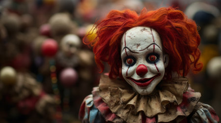 a close-up photo of a clown doll, showcasing its intricate details and vibrant colors. this captivating image captures the essence of the clown doll, with its exaggerated features and playful expression. perfect for anyone fascinated by clowns, dolls, or unique collectibles. ai generatedの素材