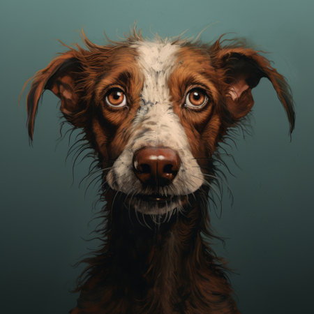 portrait of a cute brown and white dog, featuring surrealistic imagery in dark teal and dark red. this 8k resolution photograph captures a soggy and realistic depiction of light, with character caricatures and evocative environmental portraits. ai generatedの素材