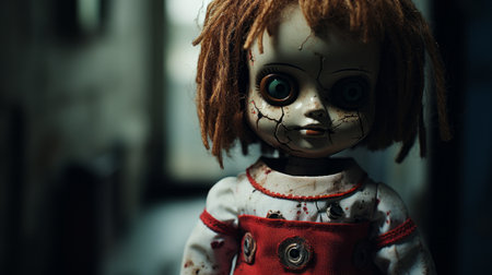 a close-up photo of a chilling serial killer doll, showcasing its eerie details and lifelike features. this haunting doll captures the essence of notorious serial killers, with its menacing expression and realistic craftsmanship. perfect for horror enthusiasts and collectors, this photo offers a spine-tingling glimpse into the world of true crime. ai generatedの素材