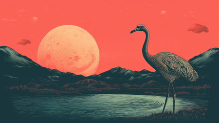 an ostrich stands gracefully by the pristine water, its feathers glistening under the warm sunlight. the image captures the beauty of nature, enhanced by the unique texture of a risograph ra 6300. this stunning photograph showcases the majestic ostrich in its natural habitat, surrounded by the tranquility of clean water. ai generatedの素材