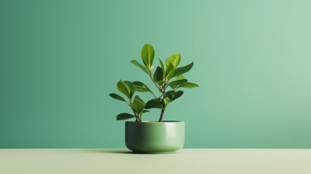 a tree in a round green pot sits on a table with a minimalist background. the photorealistic rendering and focus stacking techniques bring out the vibrant colors of green and yellow. the tree's detailed foliage is showcased against a backdrop of dark pink and light emerald. this industrial and product design-inspired image exudes a clean and streamlined aesthetic. ai generatedの素材
