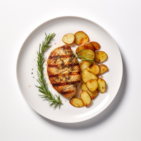 hamburger dish with roasted halibut steak and potato, arranged in a top view on a white background. ai generatedの素材