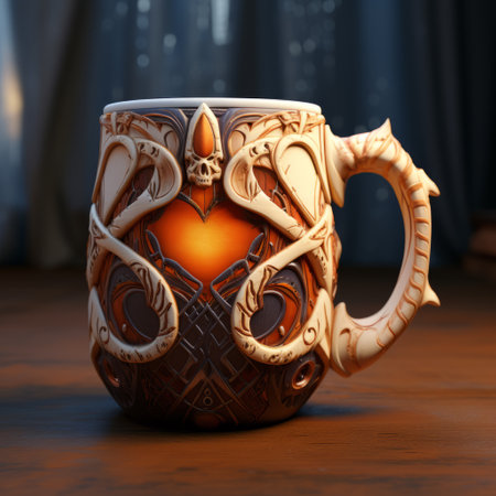 an elegantly detailed mug with a swirling design, inspired by the unreal engine 5, showcases dragon art. the mug features a captivating blend of light brown and orange hues, with cartoonish elements and intricate hard surface modeling. the intense lighting and shadow add depth to the lovecraftian-inspired design. ai generatedの素材