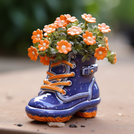 a cute boot planter in dark sky-blue and light orange colors. this high-resolution image captures the childlike innocence and charm of the subject. the still life focus highlights the floral explosions within the planter. this creative commons attribution image showcases a plastic boot planter in a unique and eye-catching style. ai generatedの素材